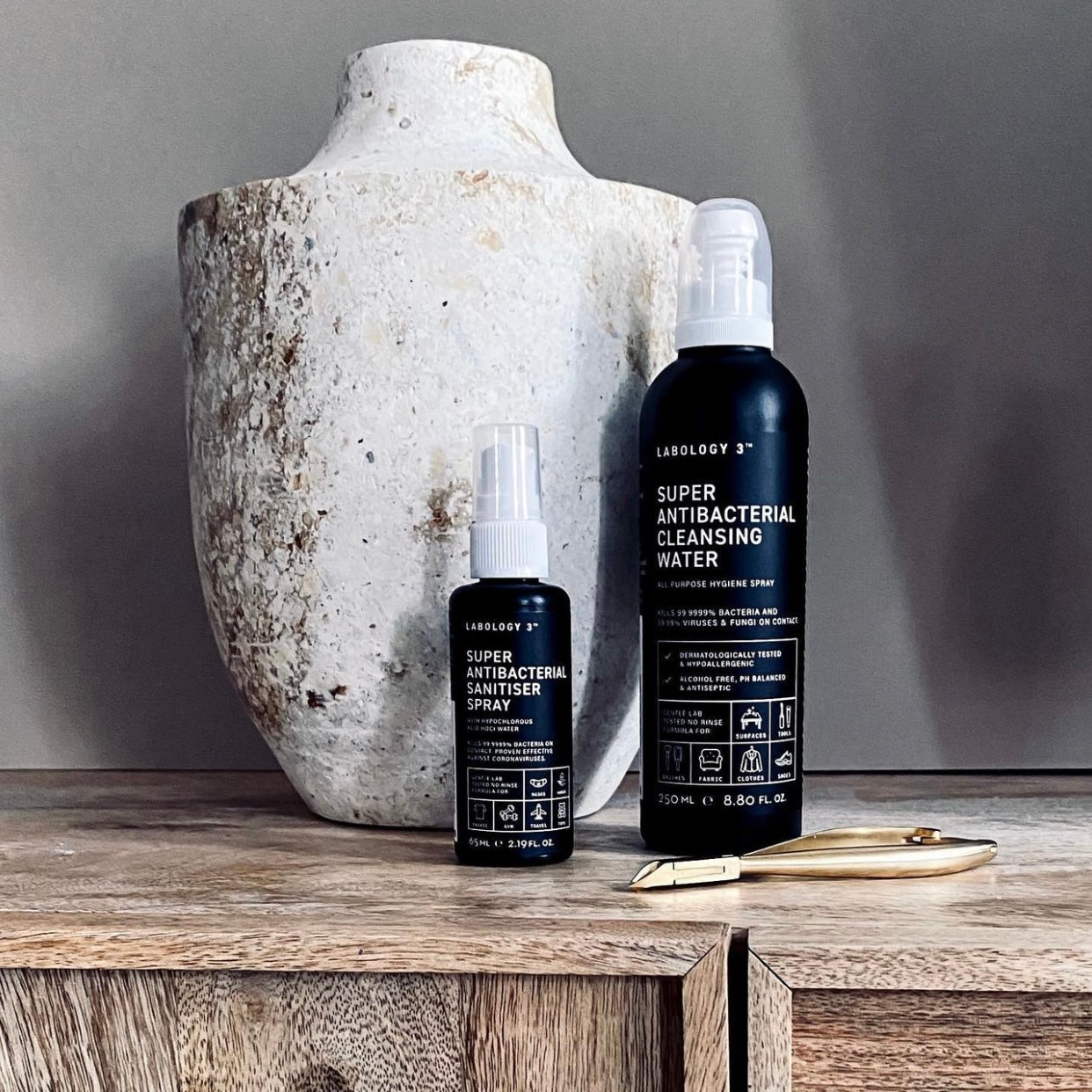 Labology 3 Super Antibacterial All Purpose Cleansing Water is better than Barbicide and works on salon hygiene surfaces as well as tools