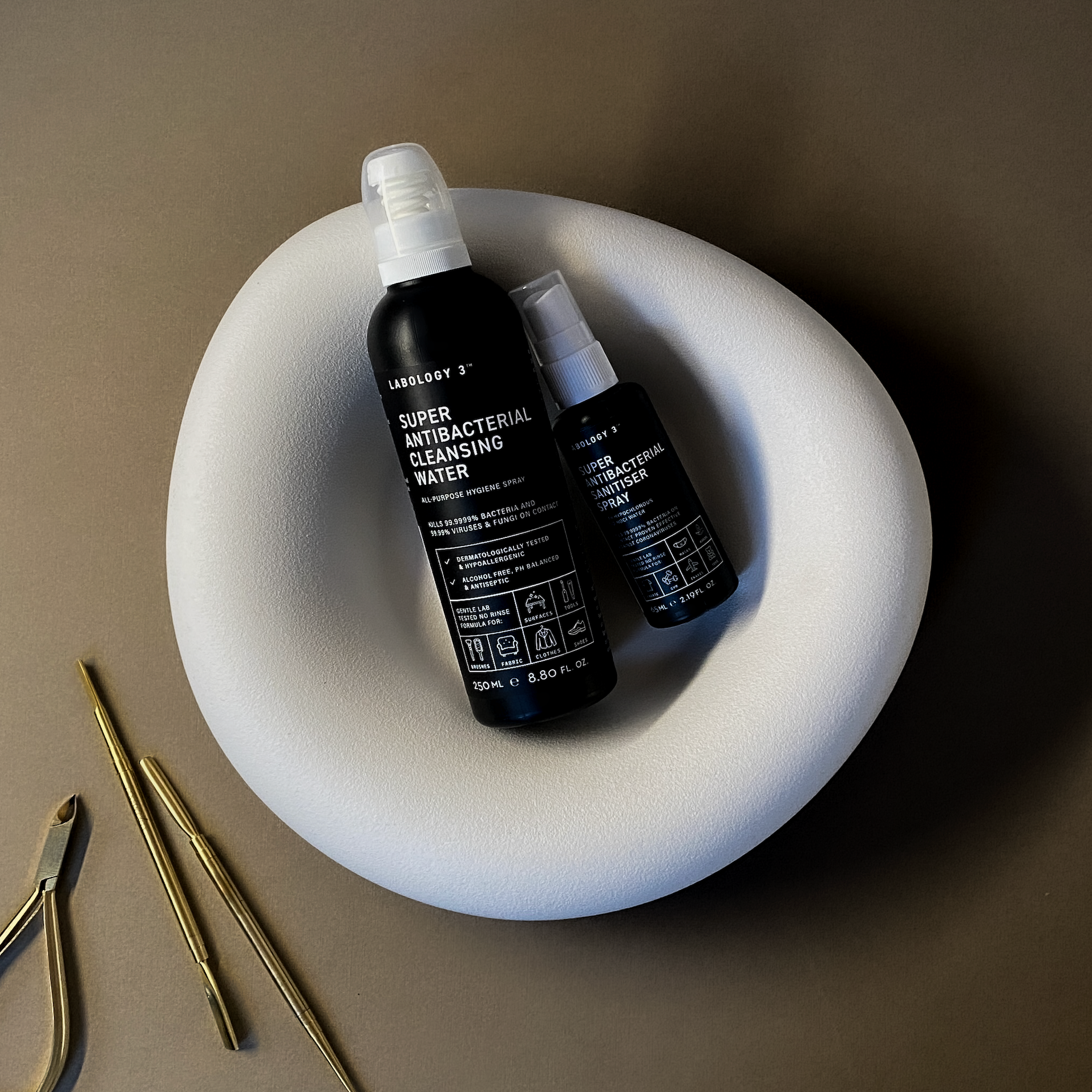 Labology 3 250ml and 65ml all purpose hygiene spray for nail and cuticle prep that is alcohol free and natural